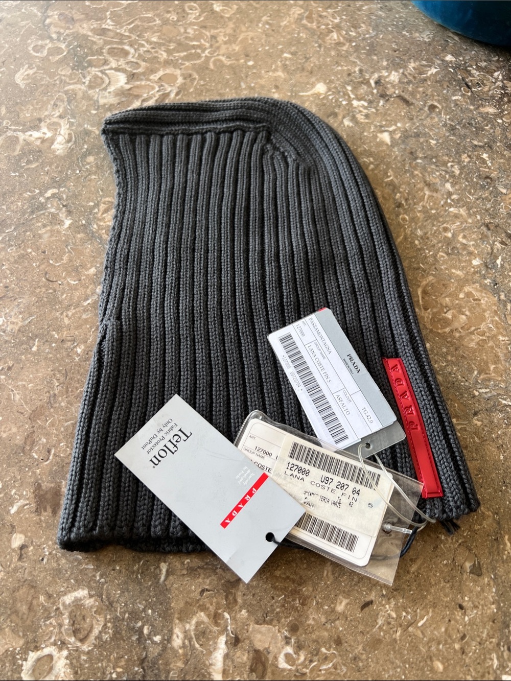 Prada Dark Gray Ribbed Knit Balaclava with Red Logo Tab